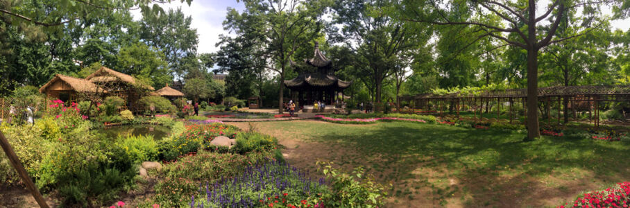 Flowers and veranda at Humble Administrator's Garden Garden pano photo