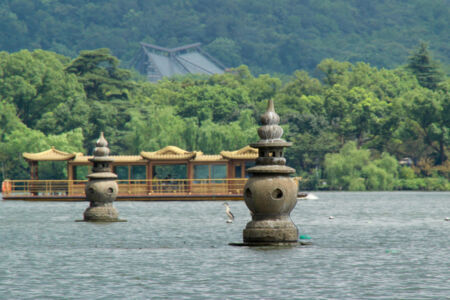 Close up of Three Pools Mirroring the Moon pagodas