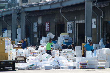 Workers and so many discarded boxes from the day's haul. Outside market