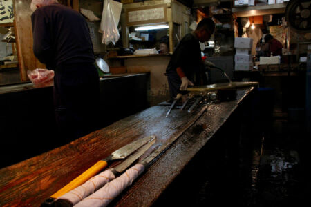 Imagine all the fishes that passed through here. Cleanup of cutting board