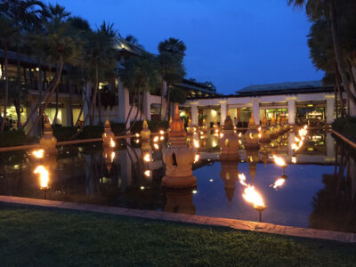 Our vacation in Thailand started with a stay at the JW Marriott Vacation Beach Club. JW Marriott torches at night