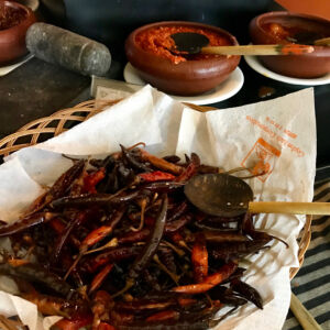 The food. These fried chilies are way hot but delicious. I had to eat them. Fried chilies