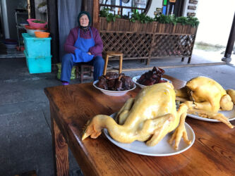 Yes, I ate some of these chicken and roasted pork. Hongshao pork and three flower chicken. The old lady stared at me while I ate my lunch. Lunch next to the canal