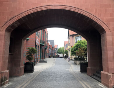 Archway at "Entrance" to the old town center Archway to old town