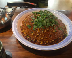 Crispy rice dome with fish bits and sauce. Yummy! Rice crip before