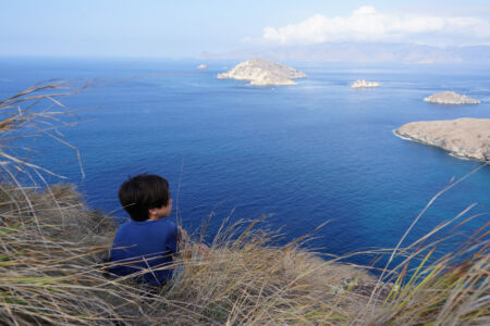 One cannot help but to be inspired by such beauty. A boy in the grass overlooks blue ocean