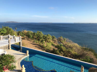 View of islands from our room. Gili Meno island, where we scuba, is the middle one. Princess Hotel at Mentigi Bay.