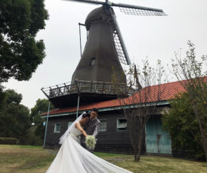 Bride couple at windmill