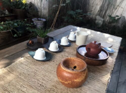 A peaceful tea break outside. Tea ware