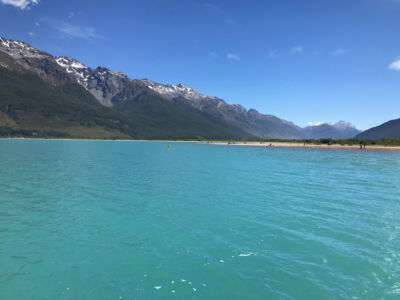 Crystal clear turquoise water resulting from glacier melt and minerals. Glenorchy lake water