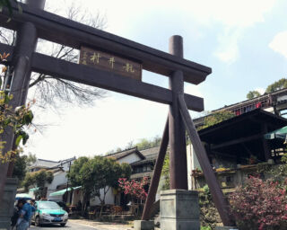 The main road and gate leading into Longjing Village Longjing village gate