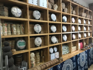 Pu'er cakes on display Pu'er display of tea