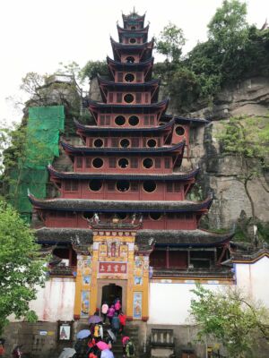 The pagoda is constructed with out nails to anchor into the cliff side. Pagoda front view