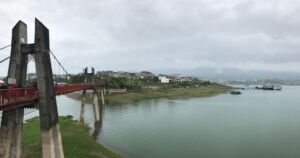Wobbly bridge from the Shi Bao Zhai Pagoda. suspention bridge at Shi Bao Zhai Pagoda